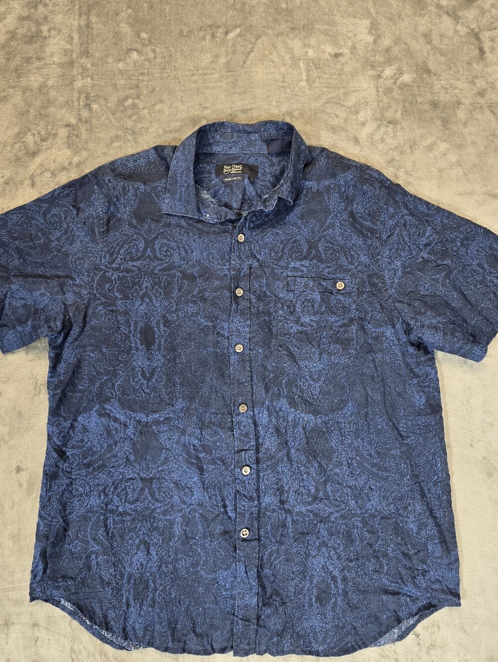 Nat Nast American Fit Linen Bowling Shirt Size Large Blue Paisley